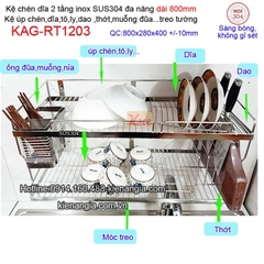 Kệ chén dĩa dao thớt ống đũa dài 800 inix sus304 2 tầng KAG-RT1203