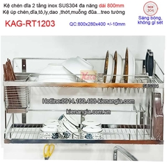 Kệ chén dĩa dao thớt ống đũa dài 800 inix sus304 2 tầng KAG-RT1203