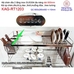 Kệ chén dĩa dao thớt ống đũa dài 800 inix sus304 2 tầng KAG-RT1203