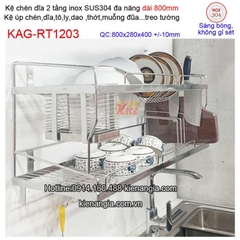 Kệ chén dĩa dao thớt ống đũa dài 800 inix sus304 2 tầng KAG-RT1203