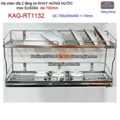 Kệ ráo chén dĩa có khay hứng nước inox sus304 2 tầng dài 7 tấc KAG-RT1132