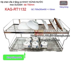 Kệ ráo chén dĩa có khay hứng nước inox sus304 2 tầng dài 7 tấc KAG-RT1132
