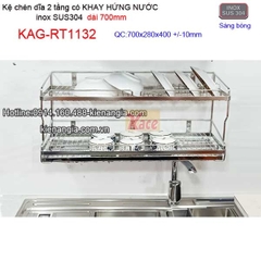Kệ ráo chén dĩa có khay hứng nước inox sus304 2 tầng dài 7 tấc KAG-RT1132