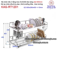Kệ úp chén 2 tầng 600 treo tủ bếp inox 304 KAG-RT1201