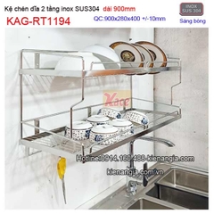 Khay chén dĩa 90cm 2 tầng inix sus304 giá rẻ KAG-RT1194