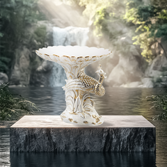 Tô trái cây Khổng Tước (dáng đứng - bên trái) - Vẽ tay - Trắng - Trang Trí Vàng