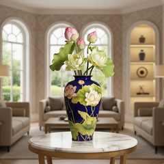 Bình hoa 40 cm - Bình Hoa - Sen Khắc nổi nền Cobalt