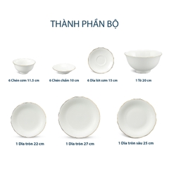 Bộ đồ ăn 22 sản phẩm - Mẫu đơn IFP - Viền Chỉ Vàng