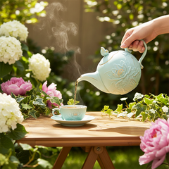 Bộ trà 0.7 L - Sen - Men Ngọc Sương Mờ (Trang Trí Vàng)