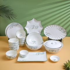SÉT BÁT ĐĨA VUỐT HÀNG VẼ TAY SEN XANH