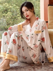 Đồ ngủ Pijama lụa băng cao cấp màu trắng họa tiết hoa hồng DN425240