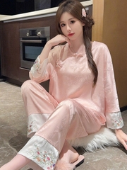 Bộ đồ ngủ kiểu Trung Quốc thêu cúc lụa mỏng jacquard sang trọng và thoải mái XINY DN102250