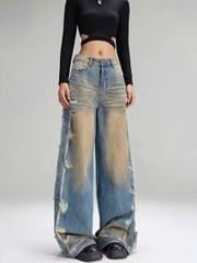 Quần jeans ống rộng màu xanh phối rách viền, thiết kế năng động, thời trang, phù hợp dạo phố QJ084250