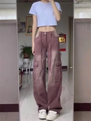 Quần jeans nữ ống rộng, túi rộng, buộc dây kiểu Mỹ, màu tím thời trang, phong cách trẻ trung QJ089250