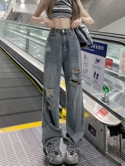 Quần jeans ống rộng cạp cao ống đứng rách gối, phong cách trẻ trung, thời trang QJ090250