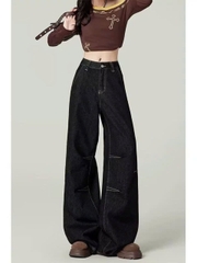 Quần ống rộng hình quả lê phong cách Mỹ quần jeans ống đứng cạp cao QJ095250