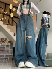 Quần jeans ống rộng, cạp cao ôm vừa, rách gối, có dây yếm Quảng Châu QJ097250