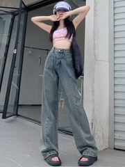 Quần jeans nữ cạp cao mùa xuân hè, quần denim ống rộng, ống đứng, rộng rãi, thời trang và thoải mái QJ099250