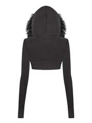 SISTERS Áo khoác croptop nỉ mũ lông Vesper - Đen