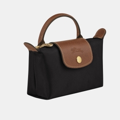 MINI SIZE - TÚI LONGCHAMP LE PLIAGE ORIGINAL POUCH WITH HANDLE - BLACK - Recycled Canvas - Túi xách màu đen, quai nắp nâu