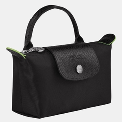 MINI SIZE - TÚI LONGCHAMP LE PLIAGE NOIR GREEN POUCH WITH HANDLE - BLACK - Recycled Canvas - Túi xách màu đen, quai nắp đen