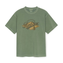 MLB Varsity Vintage Washed Graphic Mega Overfit Short Sleeve T-Shirt Boston Red Sox Khaki - Áo thun cổ tròn tay lỡ tone xanh lá