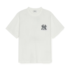 MLB Denim-like monotiv overfit functional short-sleeve T-shirt New York Yankees IVORY - Áo thun cổ tròn, tay lở màu trắng kem