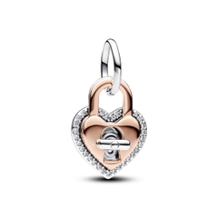PANDORA Charm Moments Dangle HEART LOCK (Silver Sterling, 14k Rose-gold plated) - Hạt trang trí vòng, lắc tay hình khoá trái tim treo, bạc 925, mạ vàng hồng 14k