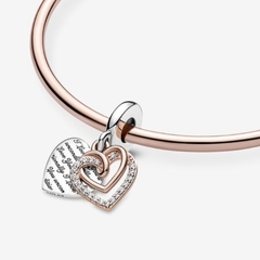 PANDORA Entwined Hearts Double Dangle Charm (Silver Sterling, 14K Rose-gold plated) - Hạt trang trí vòng tay hình tim đôi, tình yêu chân thành