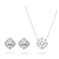 SWAROVSKI Una set (Mixed cuts, Clover, White, Rhodium plated) - EARRINGS & NECKLACE - Khuyên tai + dây cổ, pha lê trắng chuyển động - JEWELRY