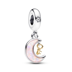 PANDORA Two-tone Key & Moon Dangle Charm (Silver Sterling, CZ, Opal lap-created, 14k gold plating) - Hạt treo trang trí vòng tay, hình mặt trăng màu hồng, bạc 925, đá CZ, đá Opal nhân tạo & chìa khoá mạ vàng 14k - JEWELRY