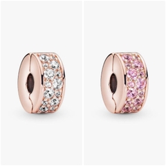 CHÍNH HÃNG - PANDORA Clear Pavé Clip Charm (14K Rosegold plated, Zircona) - Hạt trang trí vòng tay, chốt bấm, hỗn hợp kim loại mạ vàng hồng 14k