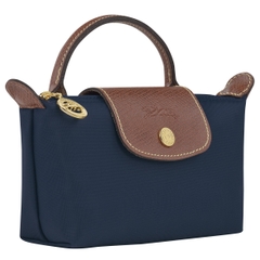 MINI SIZE - TÚI LONGCHAMP LE PLIAGE ORIGINAL POUCH WITH HANDLE - NAVY - Recycled Canvas - Túi xách màu xanh đen, quai nắp nâu
