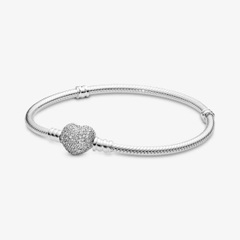Pandora Moments Snake Chain Bracelet (Heart Clasp, Silver Sterling) - Vòng/lắc tay bạc 925, khoá tim đính đá, dáng mềm - JEWELRY BRACELET
