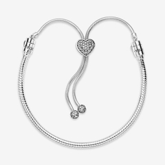Pandora Moments Pavé Heart & Snake Chain Sliding Bracelet (Heart Clasp, Silver Sterling) - Vòng/lắc tay bạc 925, khoá trái tim, dáng rút mềm - JEWELRY BRACELET