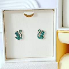 SWAROVSKI Swan stud earrings (Green, Rose gold-tone plated) - Khuyên tai thiên nga, pha lê xanh - JEWERY