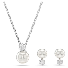 SWAROVSKI Matrix set (Crystal pearl, Round cut, White, Rhodium plated) - EARRINGS & NECKLACE - Khuyên tai + dây cổ, ngọc trai pha lê trắng - JEWELRY