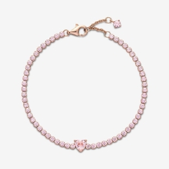 PANDORA Sparkling Heart Tennis Bracelet (14k rose-gold plated, Pink Crystal) - Vòng/lắc tay hỗn hợp kim loại mạ vàng hồng 14k, đá pha lê hồng, hình tim
