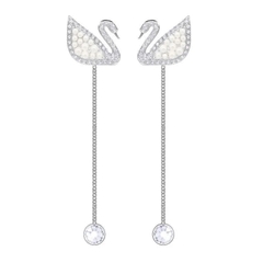 SWAROVSKI Iconic Swan Pierced Earrings  (White, Rhodium Plating) - Khuyên tai thiên nga pha lê, ngọc trai trắng - JEWELRY