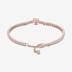 PANDORA Sparkling Heart Tennis Bracelet (14k rose-gold plated, Pink Crystal) - Vòng/lắc tay hỗn hợp kim loại mạ vàng hồng 14k, đá pha lê hồng, hình tim