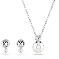 SWAROVSKI Matrix set (Crystal pearl, Round cut, White, Rhodium plated) - EARRINGS & NECKLACE - Khuyên tai + dây cổ, ngọc trai pha lê trắng - JEWELRY