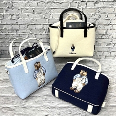 WHOAU BEAR CANVAS TOTE BAG NAVY/BLUE/WHITE - Túi xách có quai, đeo chéo, hình gấu, màu xanh đen/ xanh biển/ trắng