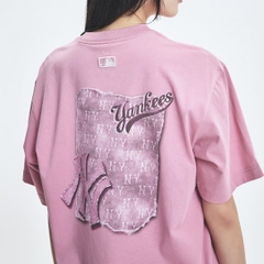 MLB Denim-like monotiv overfit functional short-sleeve T-shirt New York Yankees Pink - Áo thun cổ tròn, tay lở màu hồng