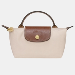 MINI SIZE - TÚI LONGCHAMP LE PLIAGE ORIGINAL POUCH WITH HANDLE - Paper - Recycled Canvas - Túi xách màu be, quai nắp nâu