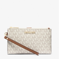 MICHAEL KORS MK Jet Set Travel Signature Logo Vanilla - Double Zip Wallet - Ví cầm tay nhiều ngăn đựng thẻ, tiền, màu kem
