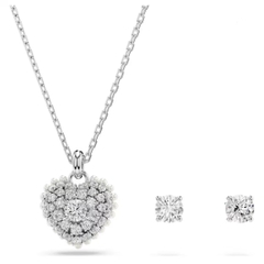 SWAROVSKI Hyperbola set (Crystal pearl, Heart, White, Rhodium plated) - EARRINGS & NECKLACE - Khuyên tai + dây cổ, ngọc trai pha lê trắng - JEWELRY