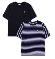 CHÍNH HÃNG - WHOAU (2PACK/SET) STEVE BEAR STRIPE T-SHIRT - Bộ 2 áo thun màu đen+sọc