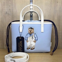 WHOAU BEAR CANVAS TOTE BAG BLUE - Túi xách có quai, đeo chéo, hình gấu, màu xanh biển