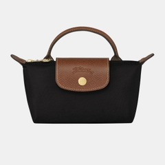 MINI SIZE - TÚI LONGCHAMP LE PLIAGE ORIGINAL POUCH WITH HANDLE - BLACK - Recycled Canvas - Túi xách màu đen, quai nắp nâu