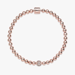 CHÍNH HÃNG - PANDORA Beads & Pavé Bracelet (Barrel clasp, 14K rosegold plated)- Vòng/lắc khoá trụ, dáng bi tròn, mạ vàng hồng 14K - JEWELRY